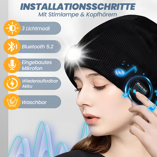 GRUNDIG Bluetooth Beanie mit LED-Scheinwerfer und abnehmbaren Lautsprechern