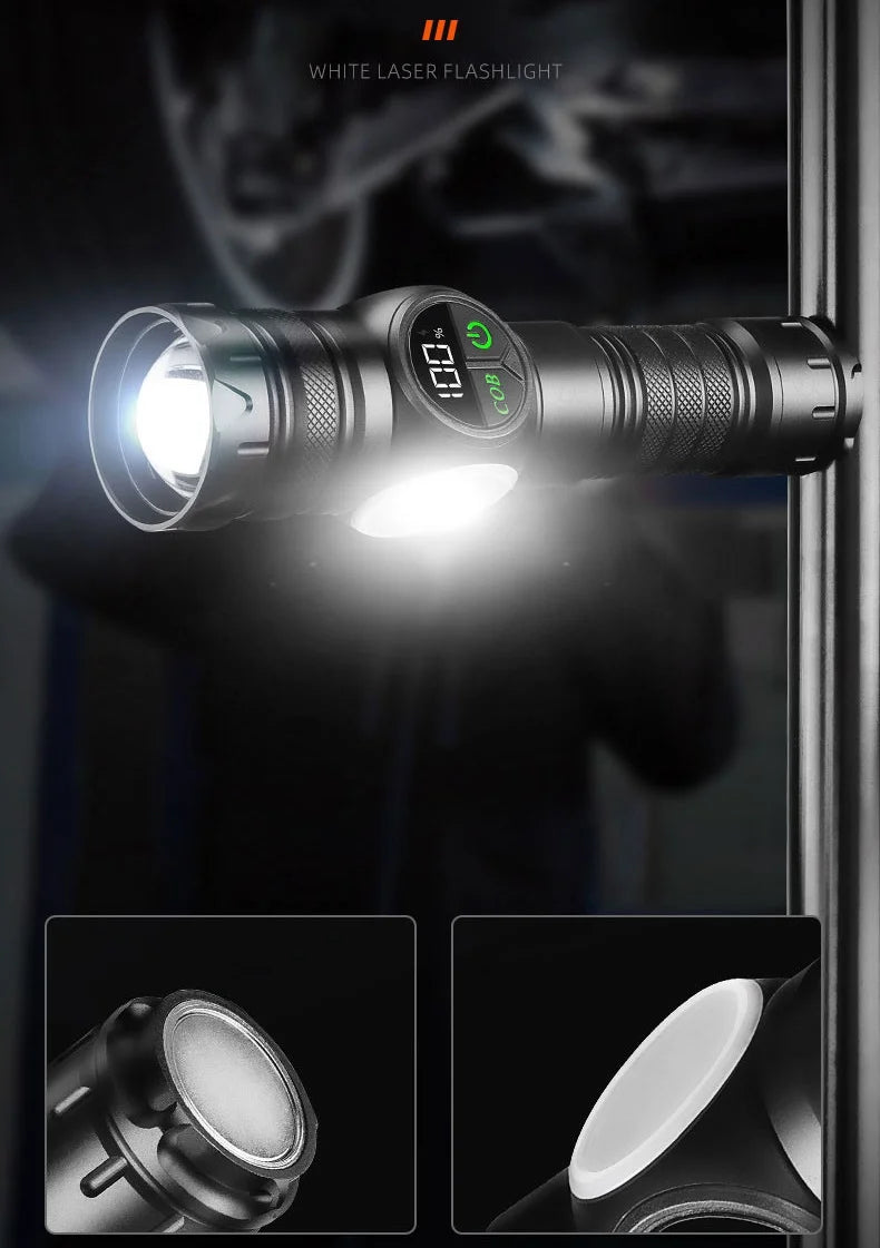 Grundig Professional LED-Taschenlampe, wiederaufladbar, hohe Intensität, LED+COB, magnetisch, Teleskop-Zoom, geeignet für Camping und Autoreparatur