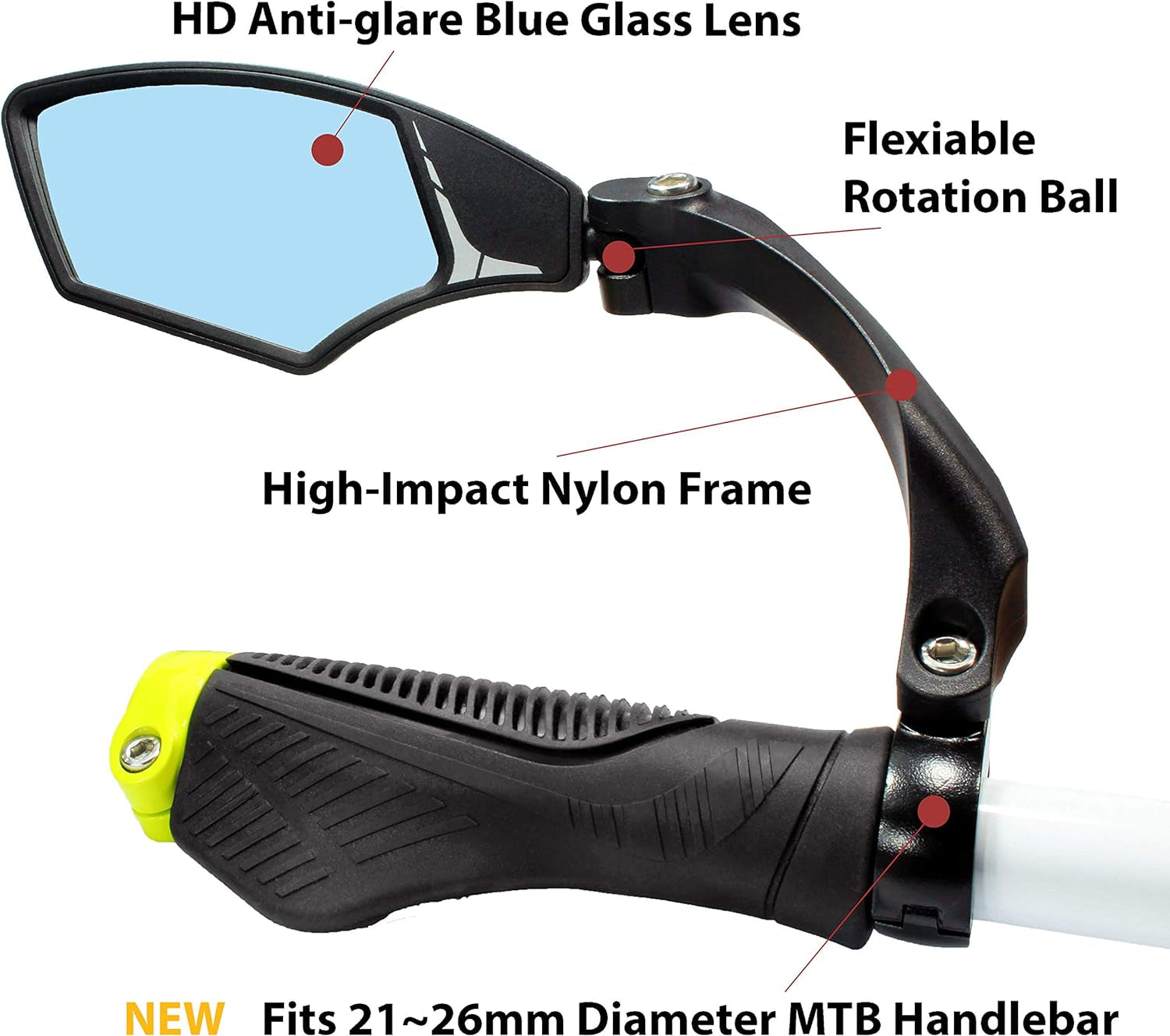 GRUNDIG Neuer Lenkerfahrradspiegel, HD bruchsicher, sicherer, kristallklarer Glas Spiegel, verstellbarer, drehbarer Fahrradspiegel, Rückspiegel für Fahrräder, HF-MR095