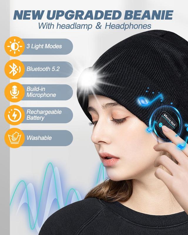 GRUNDIG Bluetooth Beanie mit LED-Scheinwerfer und abnehmbaren Lautsprechern