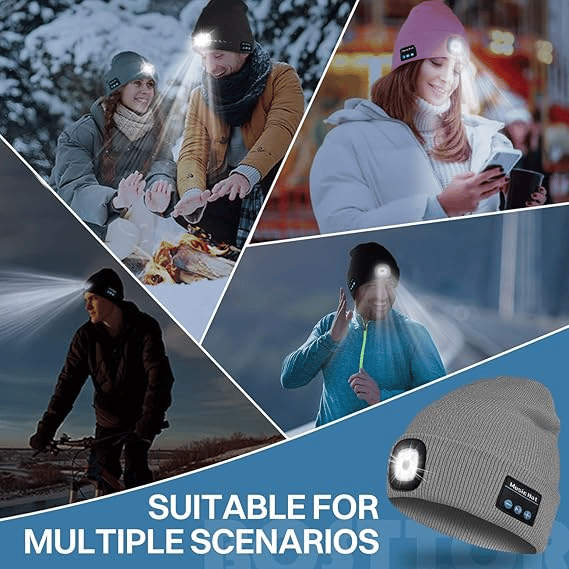 GRUNDIG Bluetooth Beanie mit LED-Scheinwerfer und abnehmbaren Lautsprechern