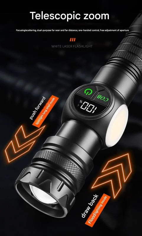 Grundig Profi-LED-Taschenlampe (USB-C aufladbar) – Extrem helles LED/COB-Doppellicht mit Fokus-Zoom, Heckmagnet & wechselbarem Akku
